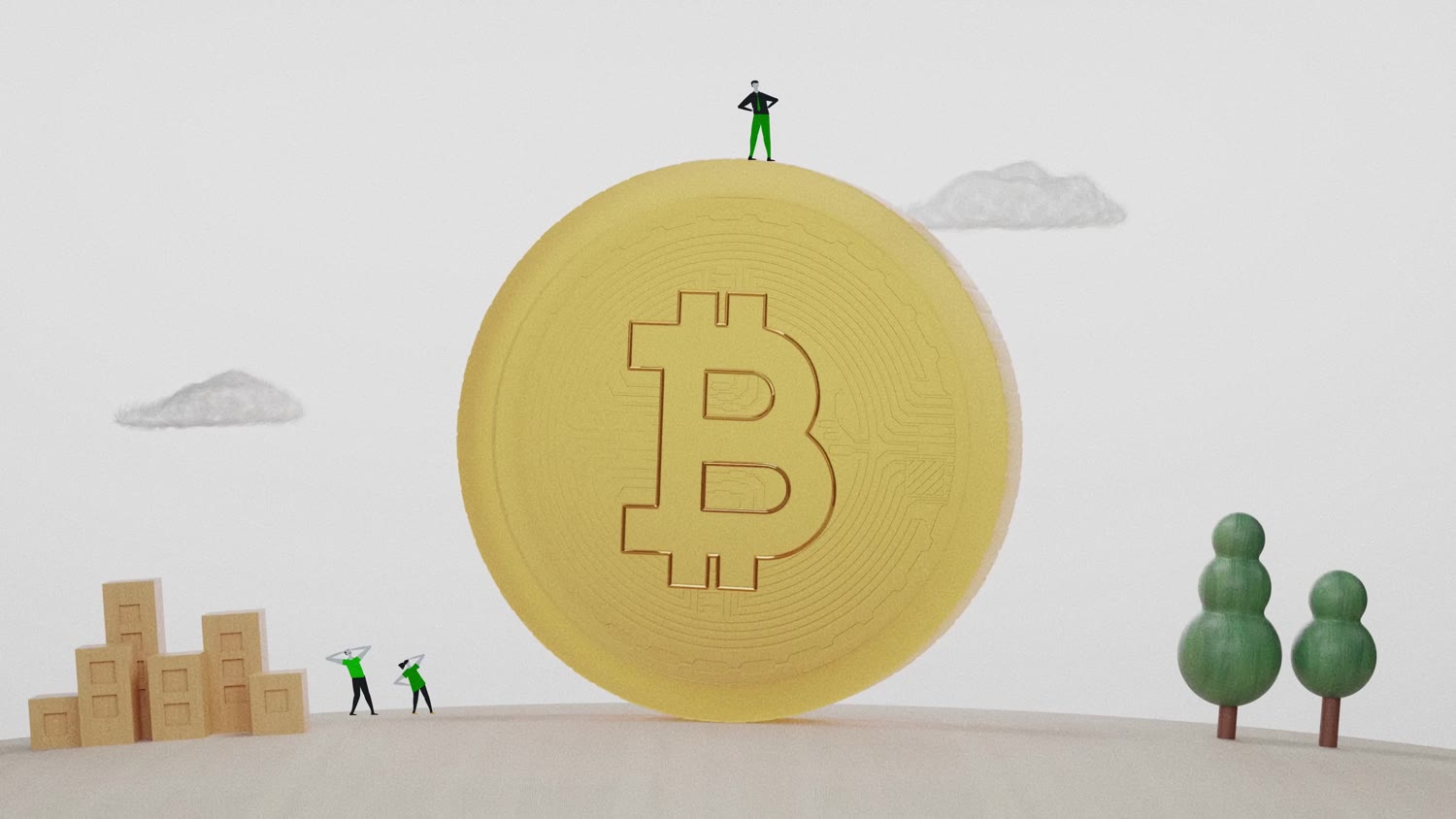 Um bitcoin gigante com gente pequena em volta
