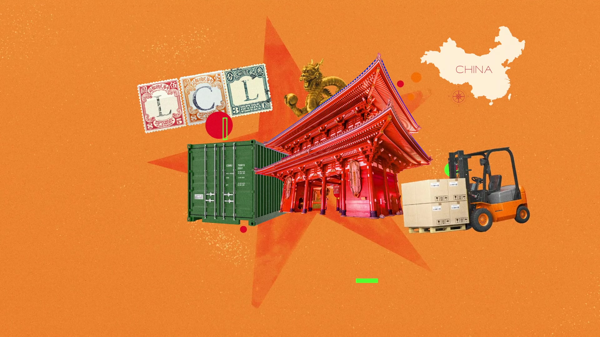 Colagem de container, templo e empilhadeira sobre laranja