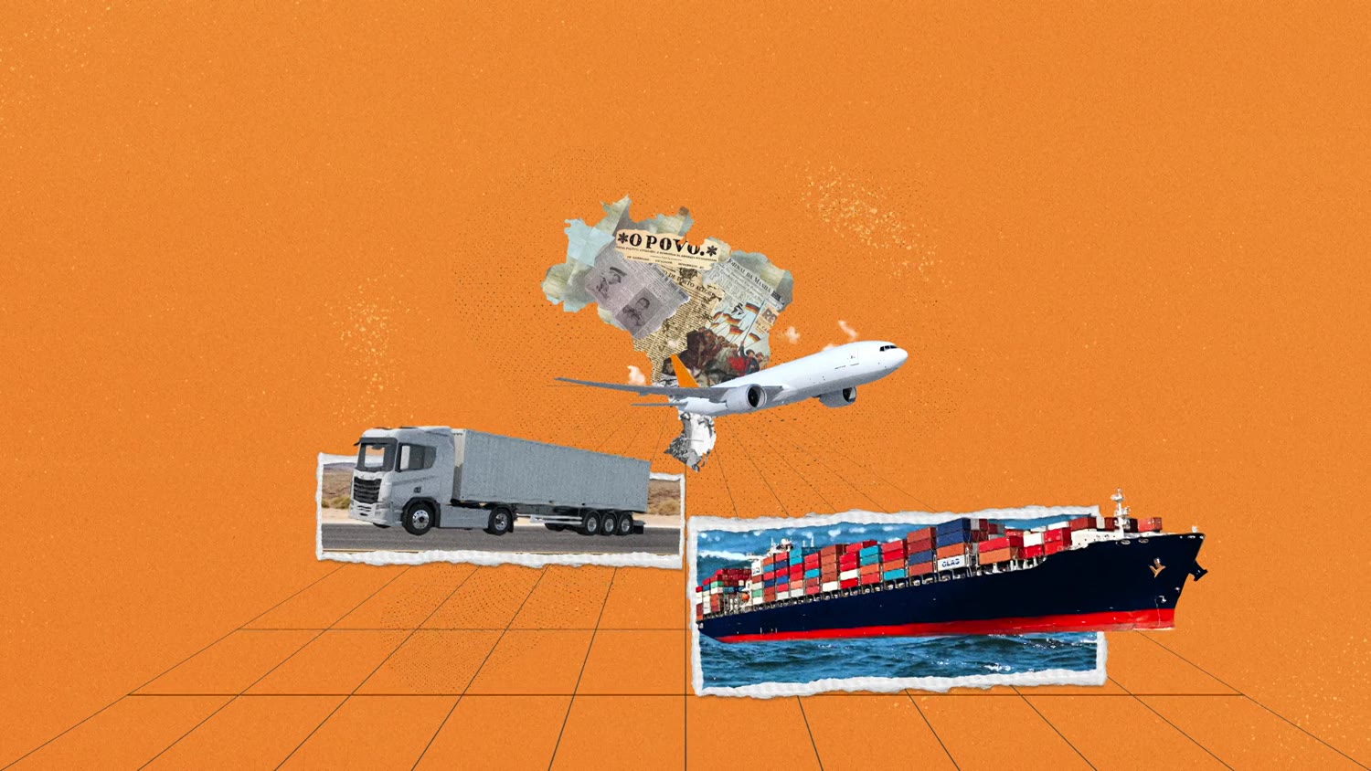 Caminhão, avião e navio recortados sobre o fundo laranja