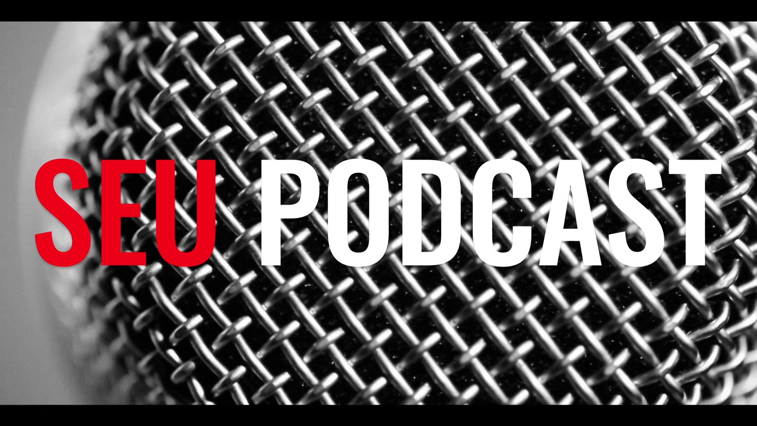 SEU PODCAST escrito sobre a grade do microfone