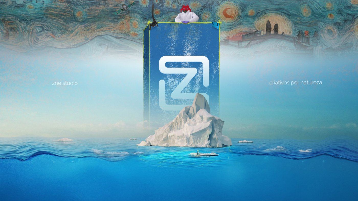 O iceberg com o banner da ZNE e o mascote em cima